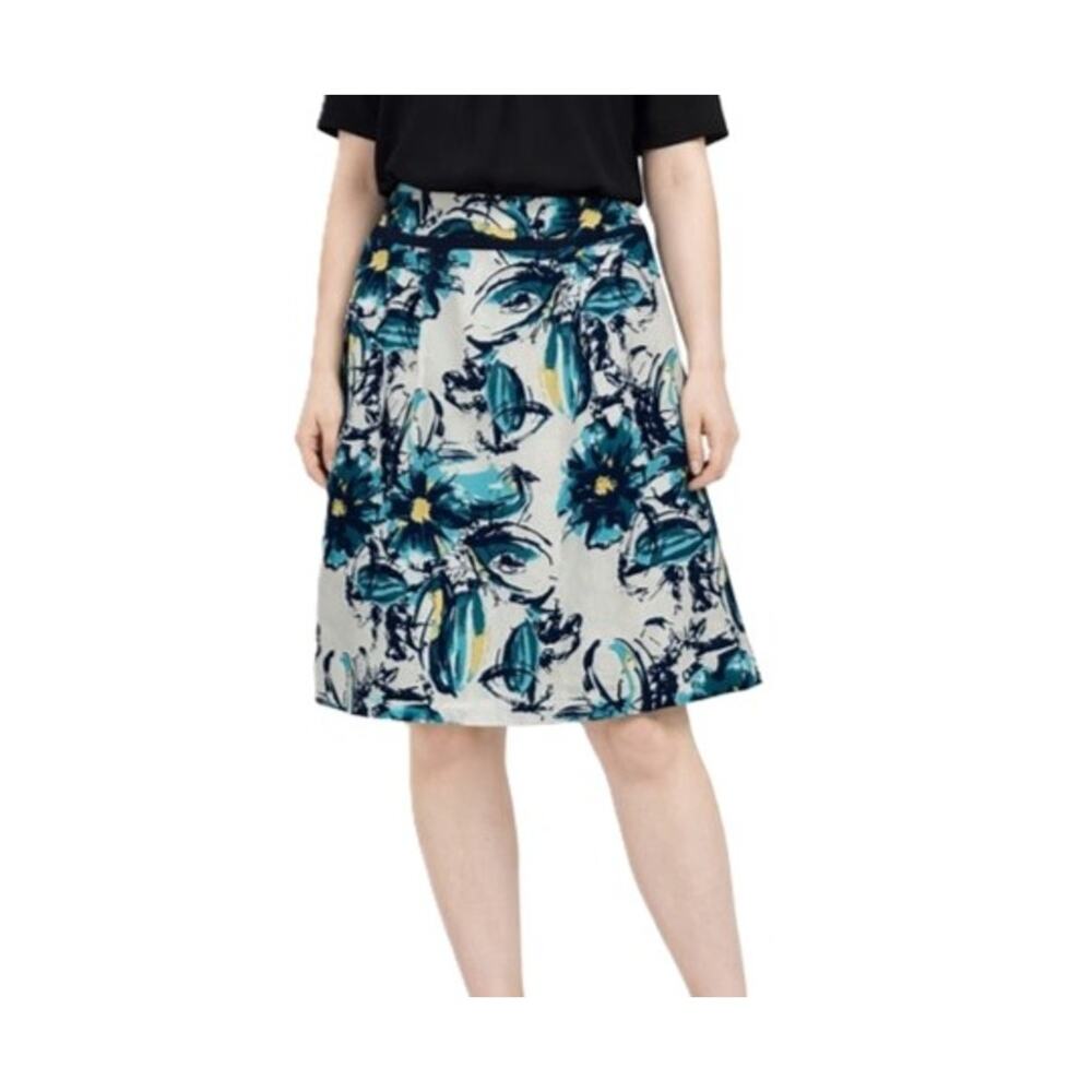 Cato Linen Skirt Womens Size 12 White Blue Floral A Line Zip Lined Cottagecore